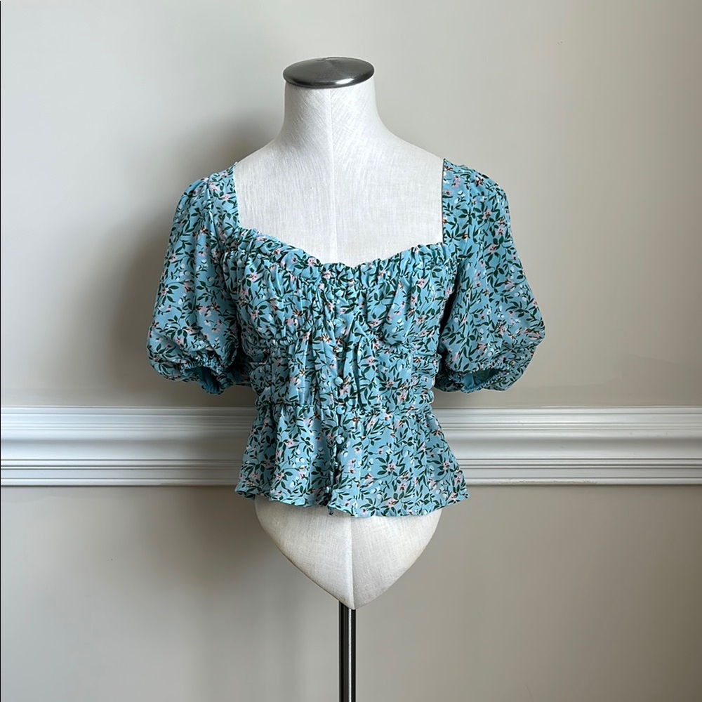 ASTR Floral Blue Women's Blouse Top with Puff Sleeves